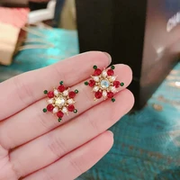 mengjiqiao new cute elegant pearl colorful crystal snowflake stud earrings for women fashion christmas pendientes party jewelry