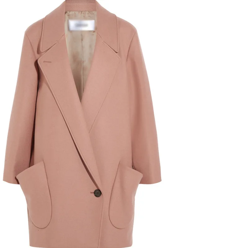 

2020 Autumn Winter Pink Wool Blends Classic Simple Mid length Large Pockets Outerwear Office Ladies Coats Jackets Manteau Femme