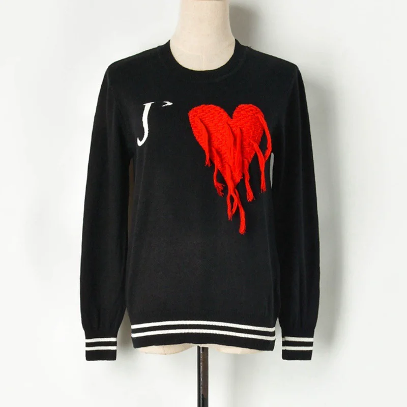 JOYDU new autumn runway brand sweater women contrast red heart tassel love o-neck long sleeve sweet knit pullover female | Женская