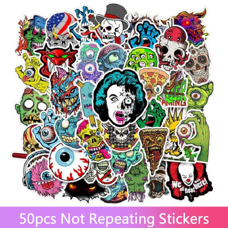 

50pcs Pack Cartoon Hydroflask Horror Skull Stickers Waterproof Luggage Skateboard Motorcycle Cool Stickers Kids Toys Gift