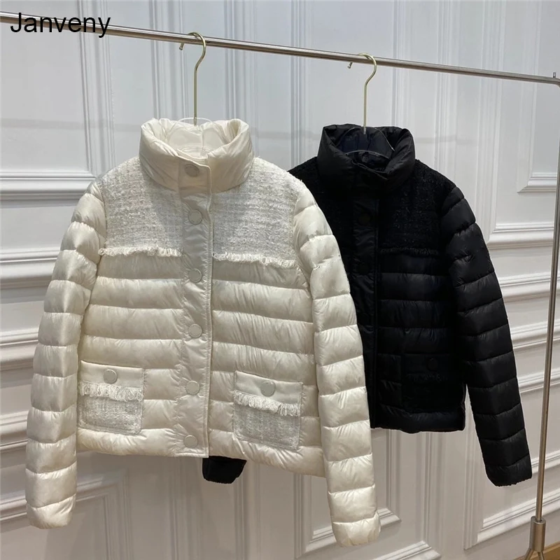

Janveny 2021 New Women Ultra Light Warm Down Jacket 90% White Duck Down Fluffy Puffer Coat Lace Fabric Patchwork Female Parkas
