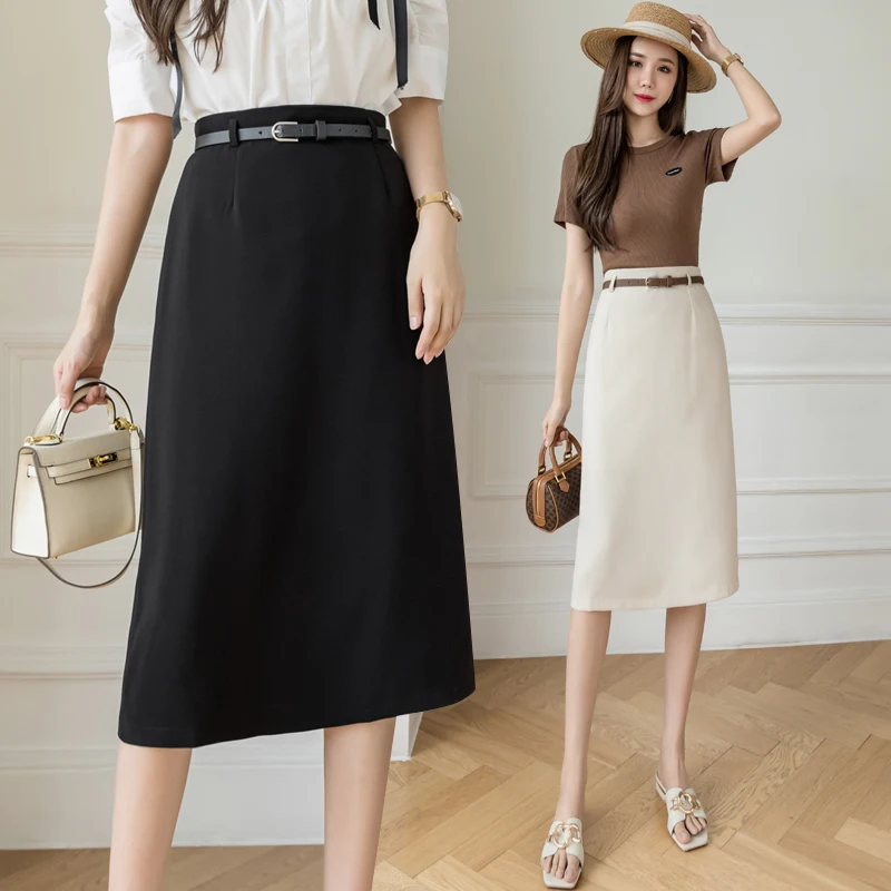 

Весна-Осень 2022, Женская Однотонная юбка миди с высокой талией и поясом, с разрезом сзади