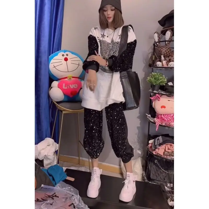 

Goods Loose Casual Patchwork Sequined Sleeve Sweater Heavy Industry AB Sweatpants Western Style Separate Matching Two-Piece Set