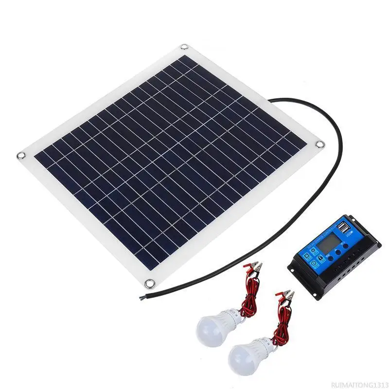 Online 50W Panel Surya 18V + 10A Pengontrol USB + 2 Buah 3W 12V Lampu Led Baterai Pengisi Daya Surya Untuk Berkemah Mobil Perahu Kit Sistem Surya
