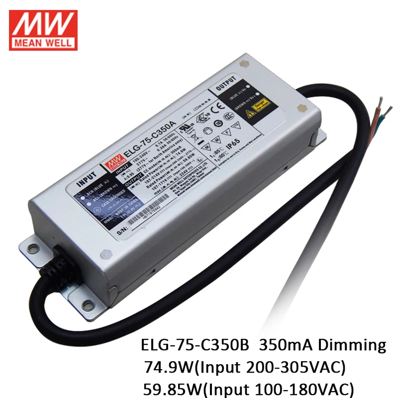 MEAN WELL ELG-75-C350B 3Y 75W 350mA 107~214V Constant Current Dimming led driver 110V/220VAC waterproof Dimmable Power Supply |