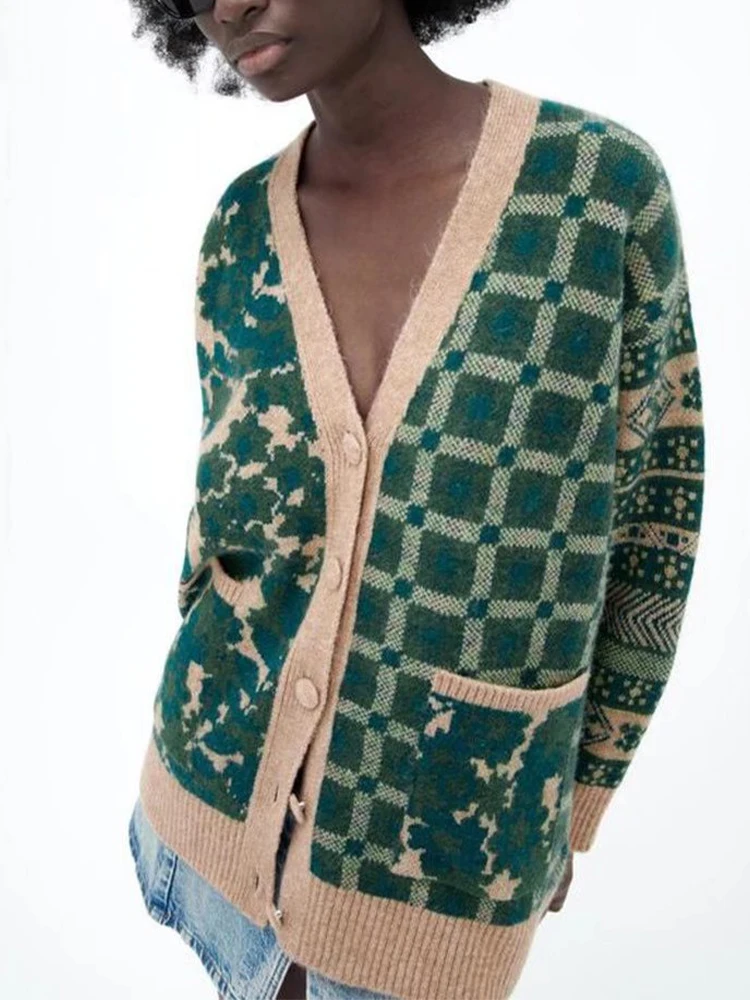 

Женский свободный жаккардовый кардиган ZA, разноцветный вязаный жаккардовый кардиган в стиле ретро с V-образным вырезом, осень