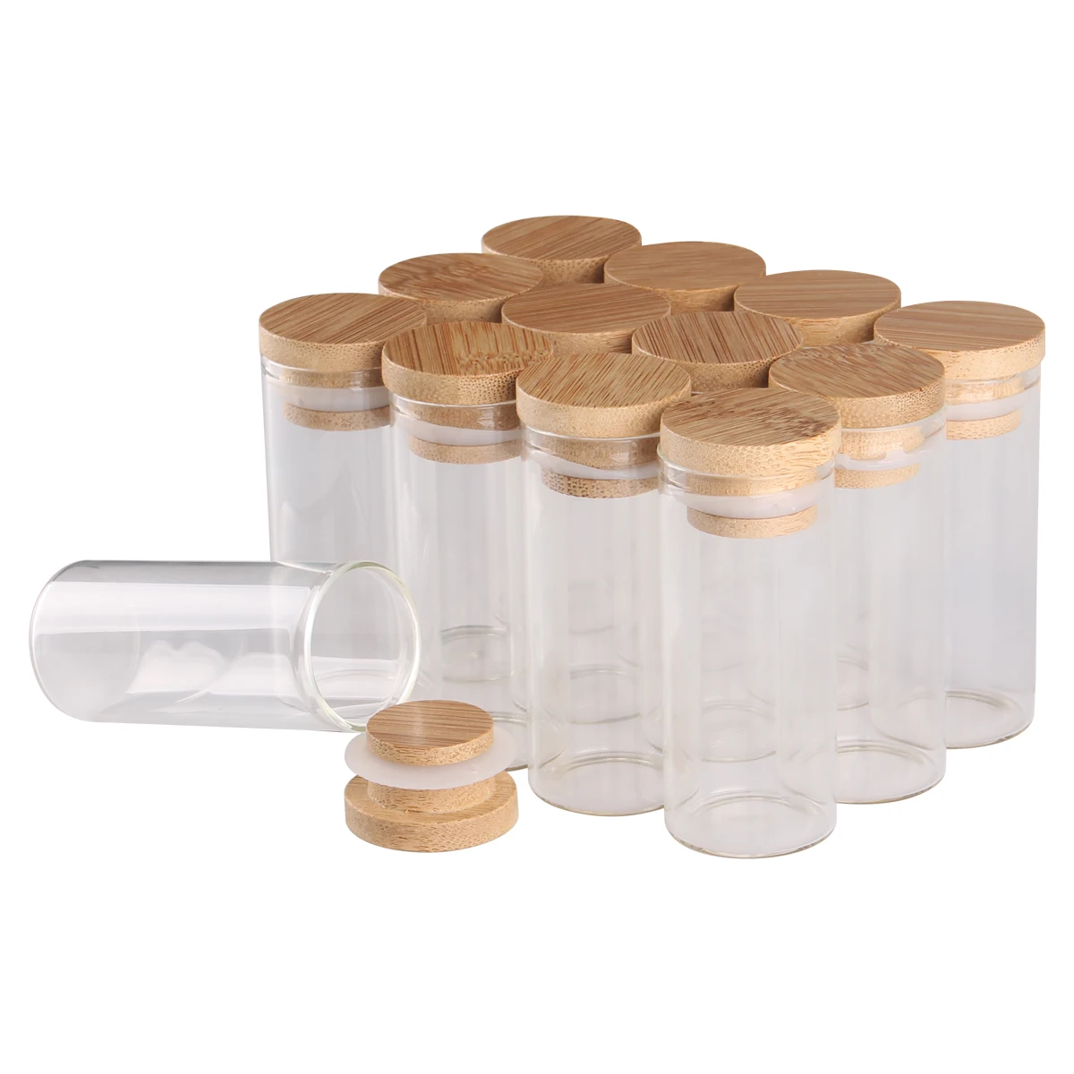 12pcs/lot 10ml 15ml 20ml 25ml 30ml 40ml 45ml 50ml 60ml Glass Empty Bottles With Bamboo Caps Spice Jars Glass Vessels DIY Crafts