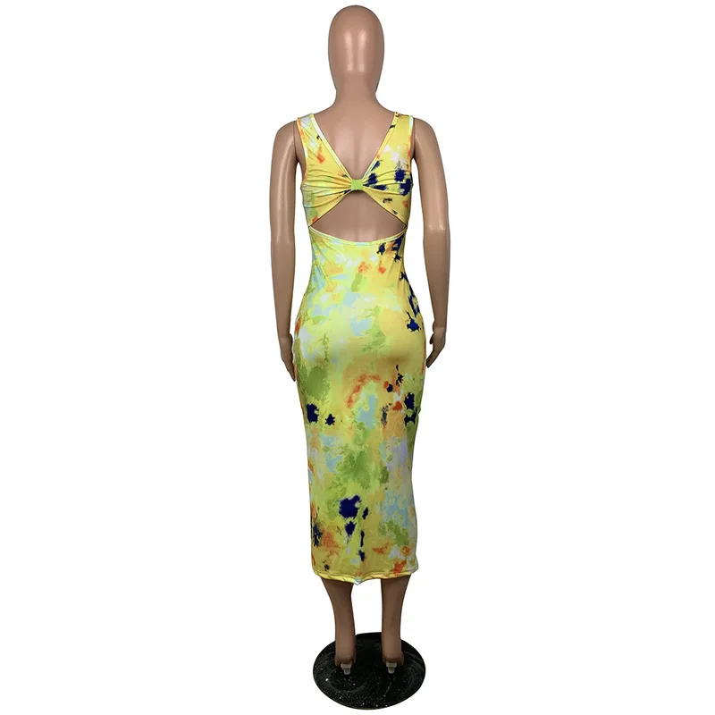 

Colorful Tie Dye Print Sexy Bandage Dress Women Deep V Neck Sleeveless Slim Fit Dress Summer High Waist Backless Mid Calf Dress