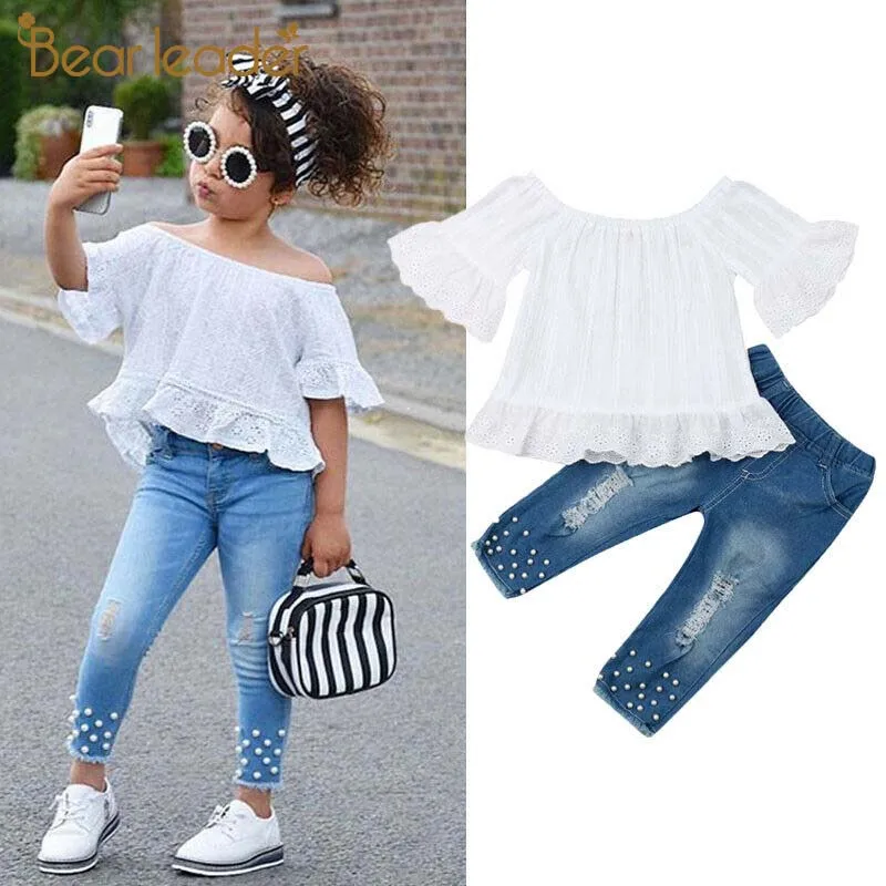 Bear Leader 1-6Y Toddler Kids Baby Girls Clothes Sets White Tops T-shirt Denim Long Pants Jeans Outfits Set Fall | Мать и ребенок