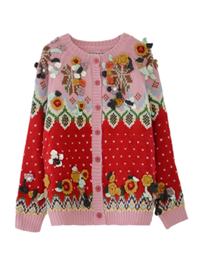 

Free shipping heavy crafts applique contrast color jacquard round neck knit sweater cardigan ladies autumn new style all-match