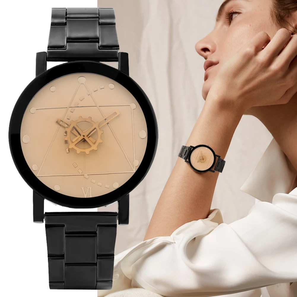 

Women Stainless Steel Strap Black Quartz Watch Unique Triangle Geometry Display Ladies Clock Watches Gifts for Girls Valentine