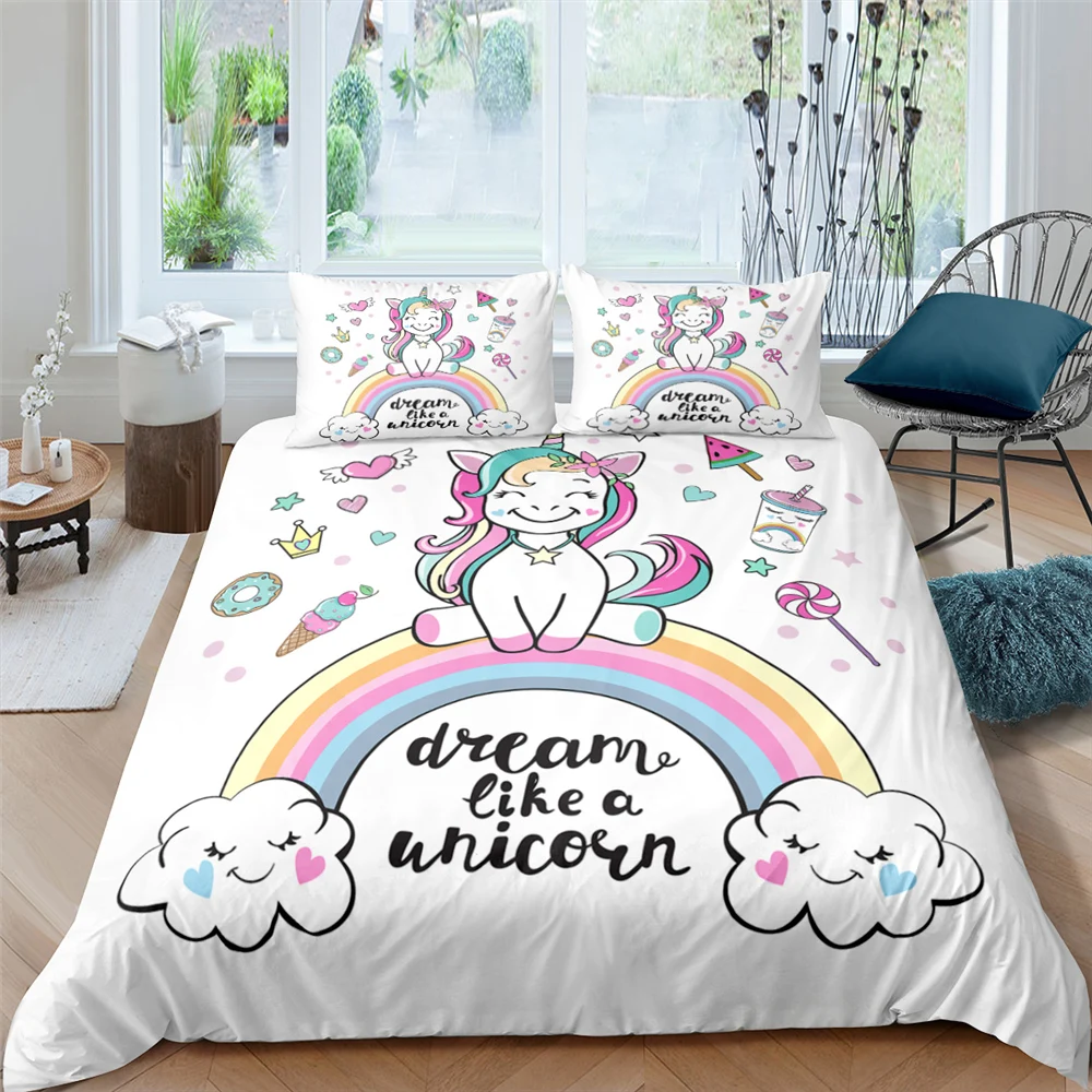 

Cute 3D Bedding Set Rain bow Unicorn Duvet Cover Pillowcase 2/3pcs Stars Single Queen King Size For Adults Kids Bedclothes