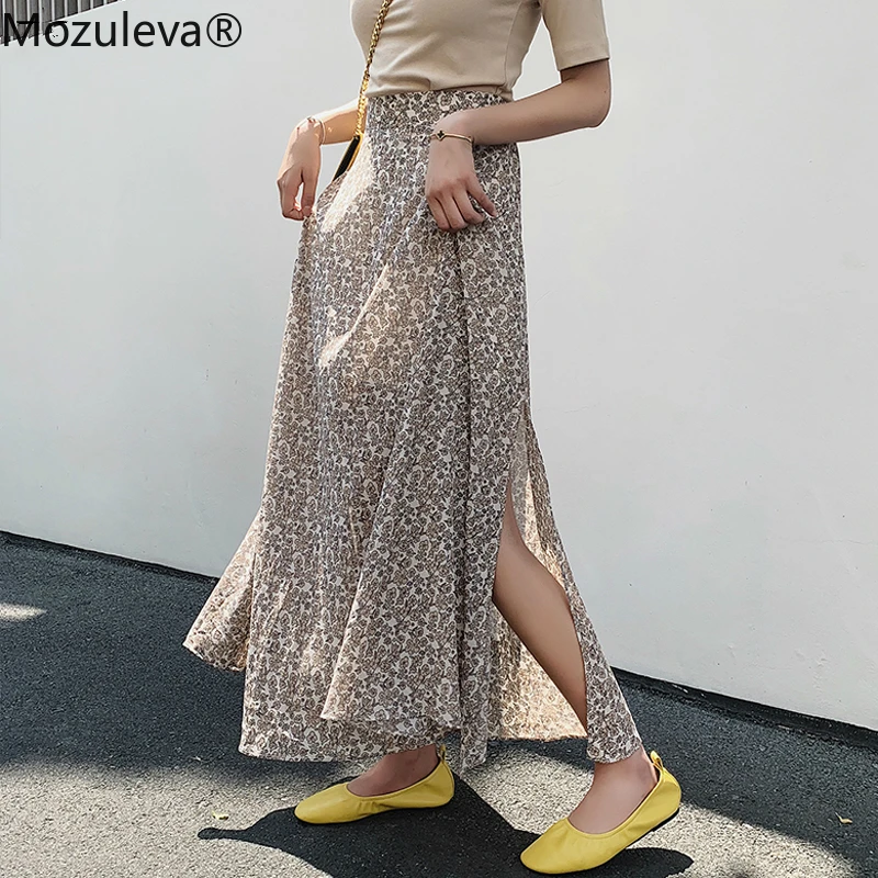 

Mozuleva 2021 Spring Vintage Chiffon A-line Skirts with Lining Summer High Waist Side Split Floral Print Skirts for Women Femme