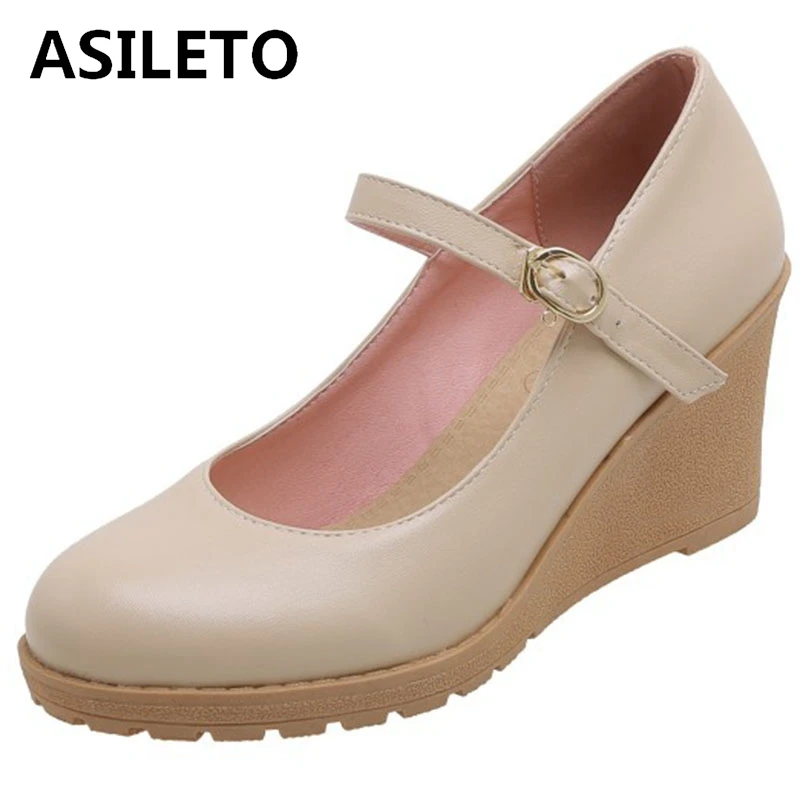 

ASILETO/женские весенне-осенние туфли-лодочки в сдержанном стиле вечерние туфли для отдыха с круглым носком на танкетке 7 см с прямой пряжкой; Б...