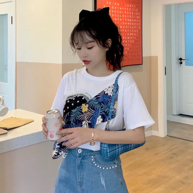 

Two piece stitched short sleeve T-shirt for women's fashion