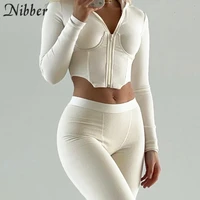 nibber casual sportswear 2 two piece set women zipper long sleeve hoodie and elasticity skinny pencil pants matching suit