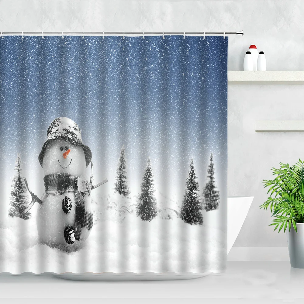 

Cute Snowman Waterproof Shower Curtain Set Cedar Winter Snow Landscape Childs Wall Decor Bathroom Polyester Fabric Bath Curtains