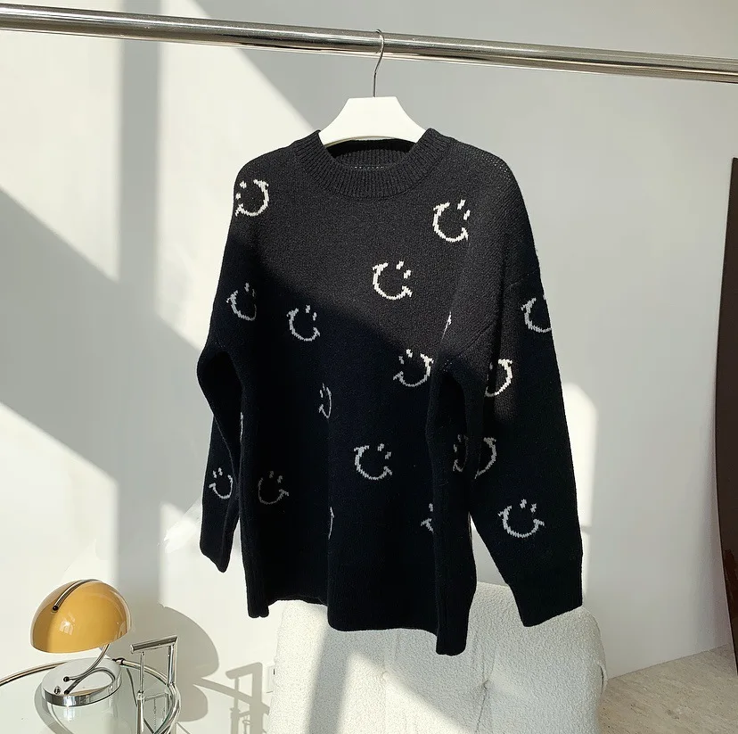 

XUXI Casual, Fun, Smiley, Sweater, Loose, Slim, Contrast Color, Knitted, Top, Female, Spring Autumn 2021 E1052