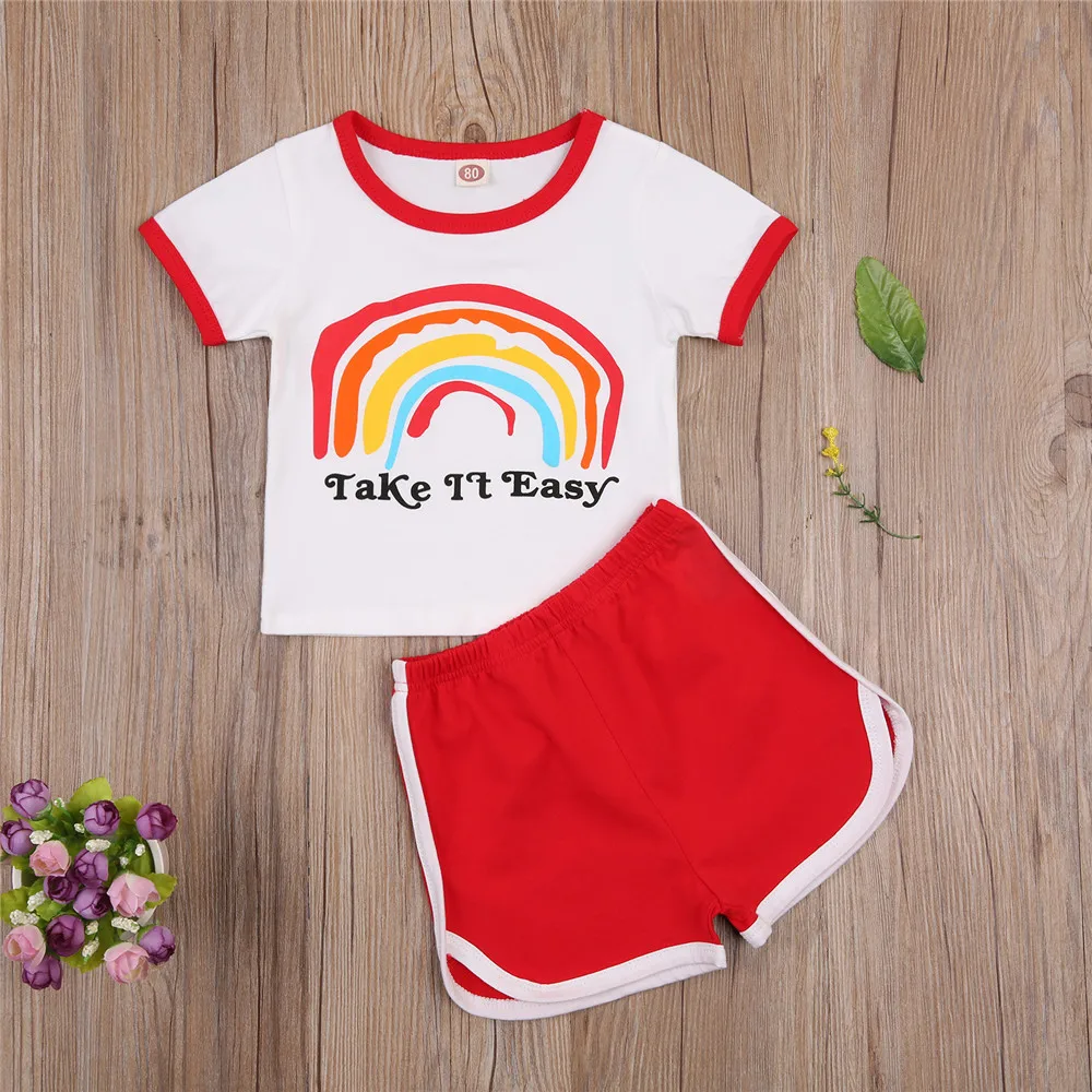 

WenaZao летний повседневный комплект одежды для маленьких девочек, модная Радужная футболка с круглым вырезом и однотонные шорты