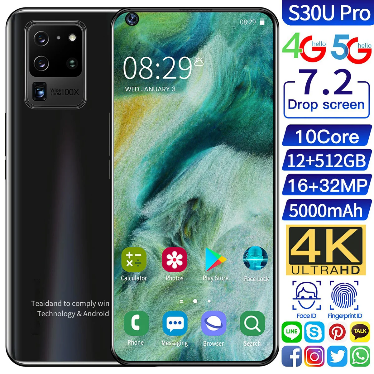 

2021 S30U Pro 7.2 Inch Smart Mobile Global Version Galxy 12GB+ 512GB 4G Full Screen Android 10 Finger Face ID Dual SIM Cellphone