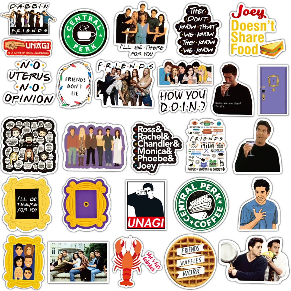 Pegatinas de serie de televisi&oacute;n Friends para monopat&iacute;n DIY, pegatina de juguete cl&aacute;sica, para guitarra, port&aacute;til, motocicleta, equipaje, 10/30/50 Uds.-5