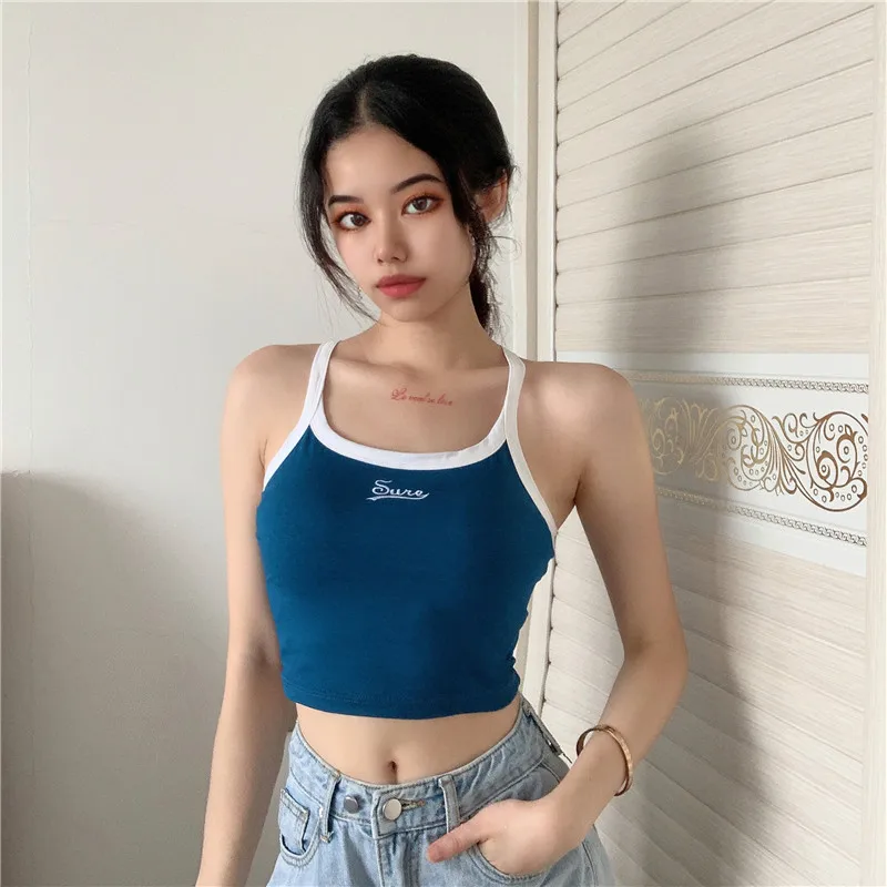 

Fashion blogger contrast edge letter embroidered vest women retro short slim leaky back cross suspender top