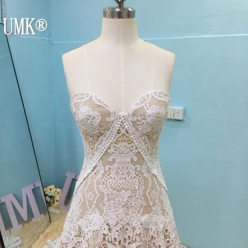 Винтажное кружевное свадебное платье UMK в стиле бохо Пляжное с открытыми плечами