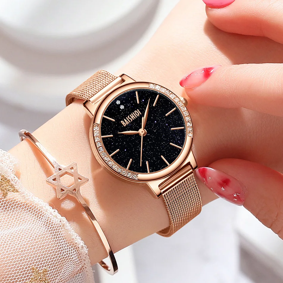 

New Fashion Women Watches Starry Sky Design Quartz Clasp Wristwatches Top Watch Women Rose Gold Beautiful Hand Accessories Gift