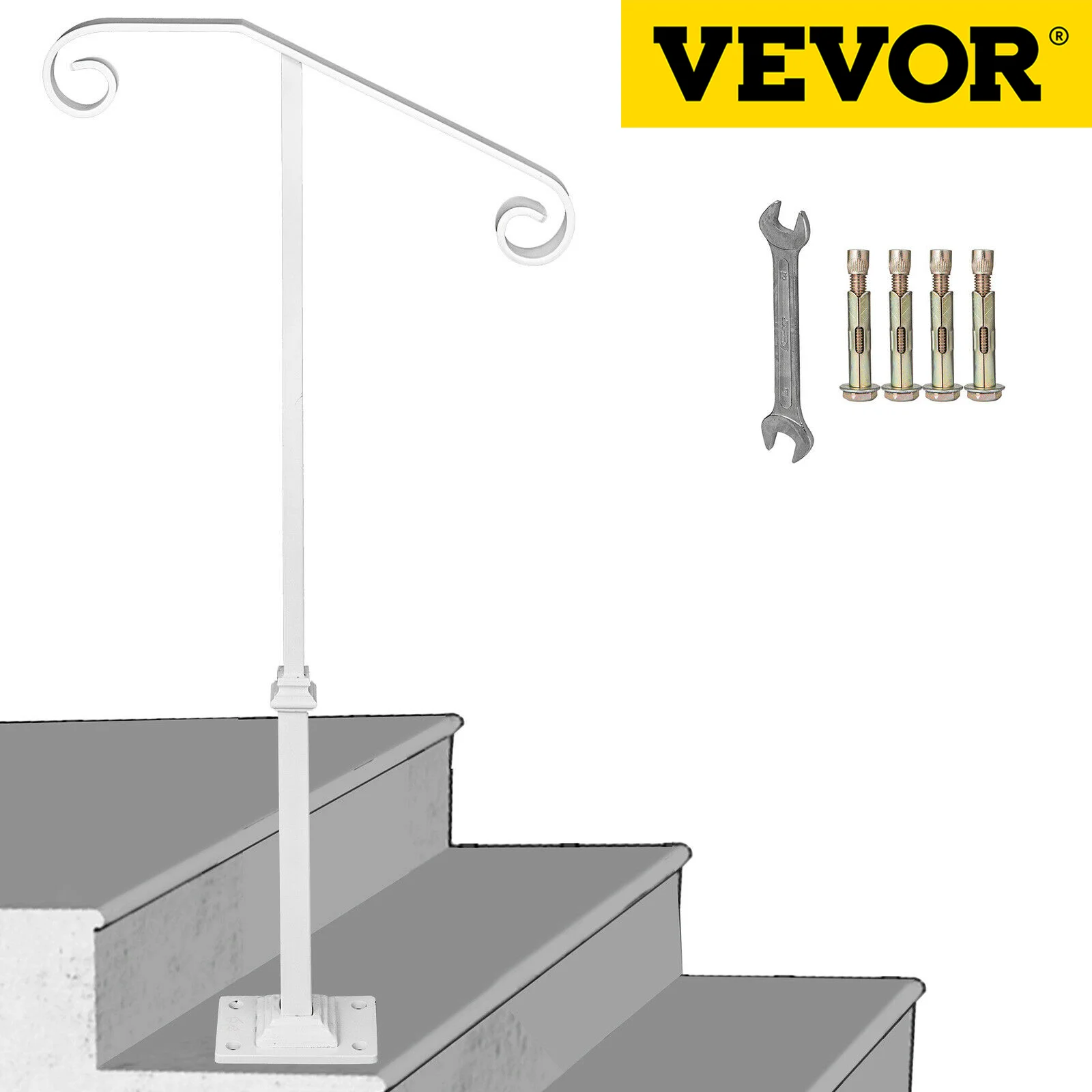 

VEVOR поручни с одной стойкой, лестницы, белая кованая железная стойка, поручни с креплением, подходят для 1-2 ступеней, поручни с одной планкой
