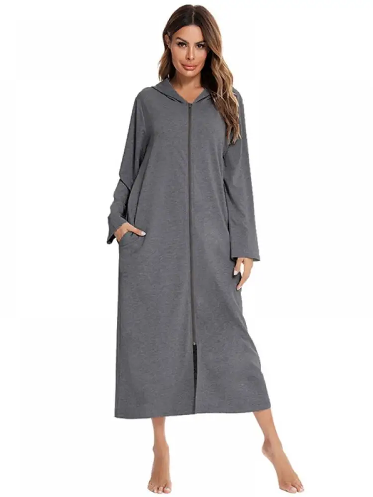 

Women Long-sleeved Pajamas Summer Hooded Nightgown Zipper Women Loose Casual Nightdress