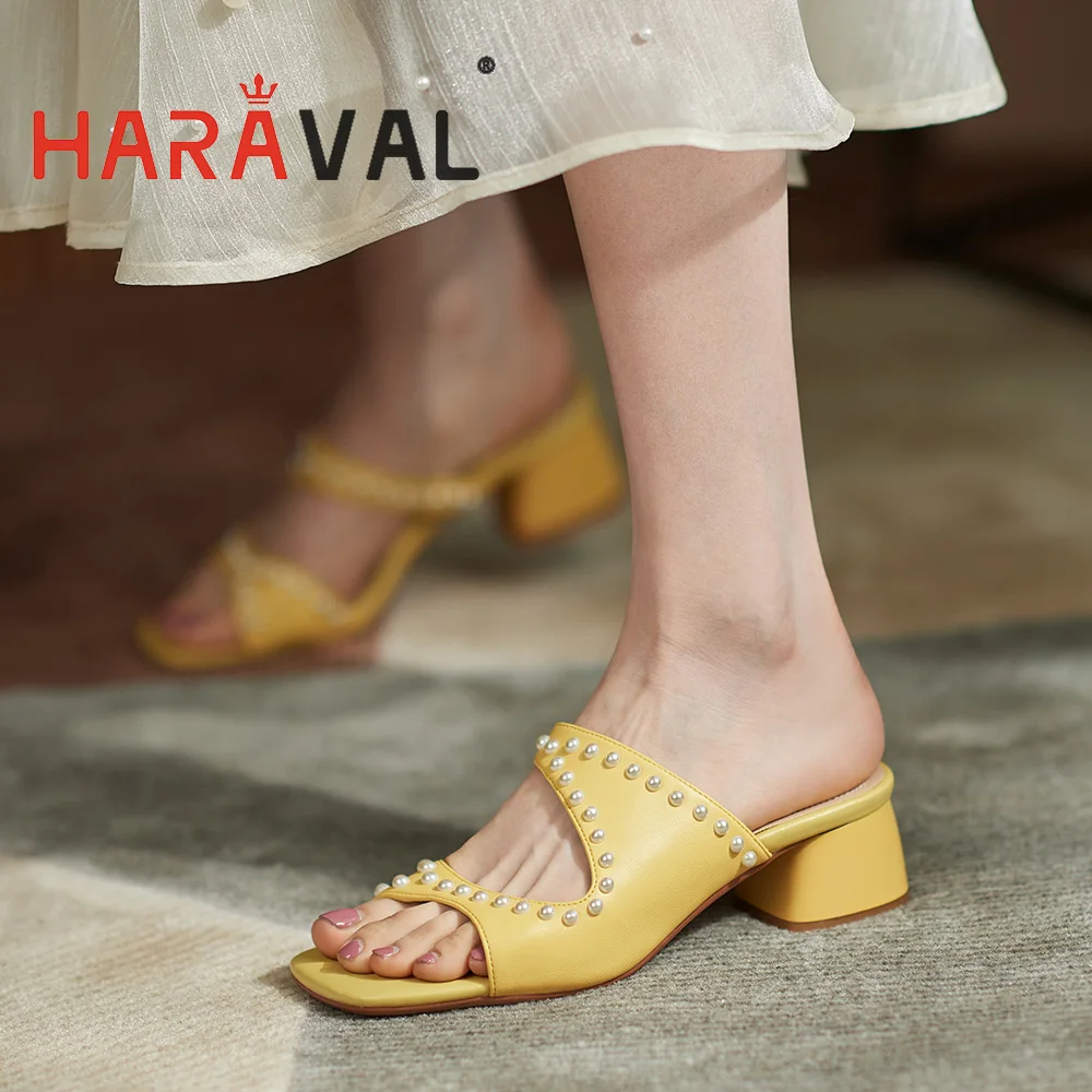 

HARAVAL Women Slides Basic Outside Genuine Leather Low Heel Basic Elegant White Yellow Summer Women Sandals Adult Footwear B153