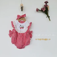 baby girl rompers summer 2021 new red plaid embrotdered romper sleeveless bow jumpsuit bodysuit newborn girl clothes sets
