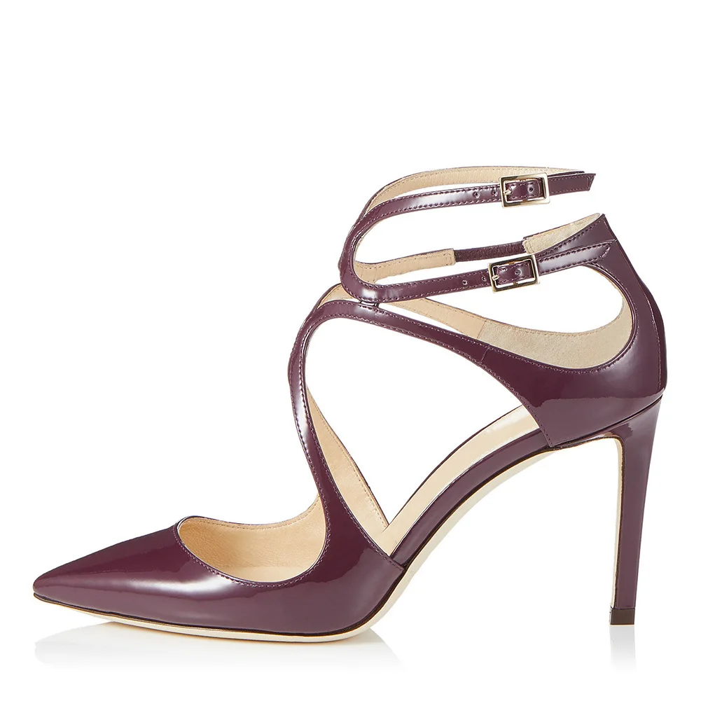 

Large pointed black red brown naked patent leather thin high heeled shoes buckle single shoes women's shoes