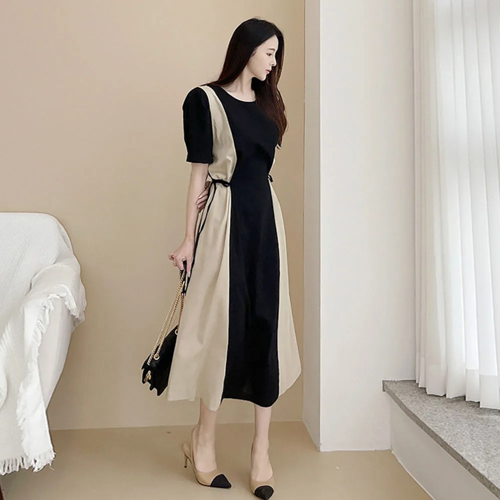 

Korean Fashion Women's Splicing Color Contrast Lace Dress Round Neck Puff Sleeve 2021 Summer New Casual Temperament Simplicity