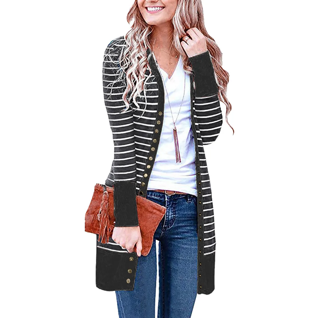 Womail Fashion Women Casual Blouse Coat Long Sleeve Stripe Patchwork Button Striped Cardigan | Женская одежда