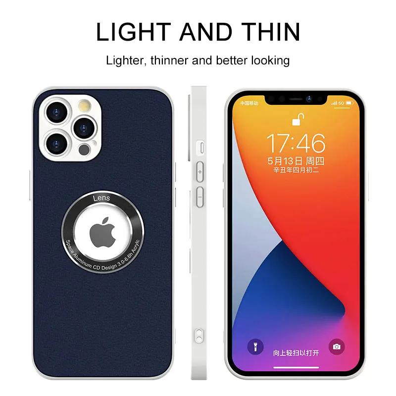 Luxury Solid Color PU Leather Logo Hole Phone Case For iPhone 13 11 Pro 12 Pro Max XR X 7 8 Plus 13 Pro Max Slim Soft Back Cover
