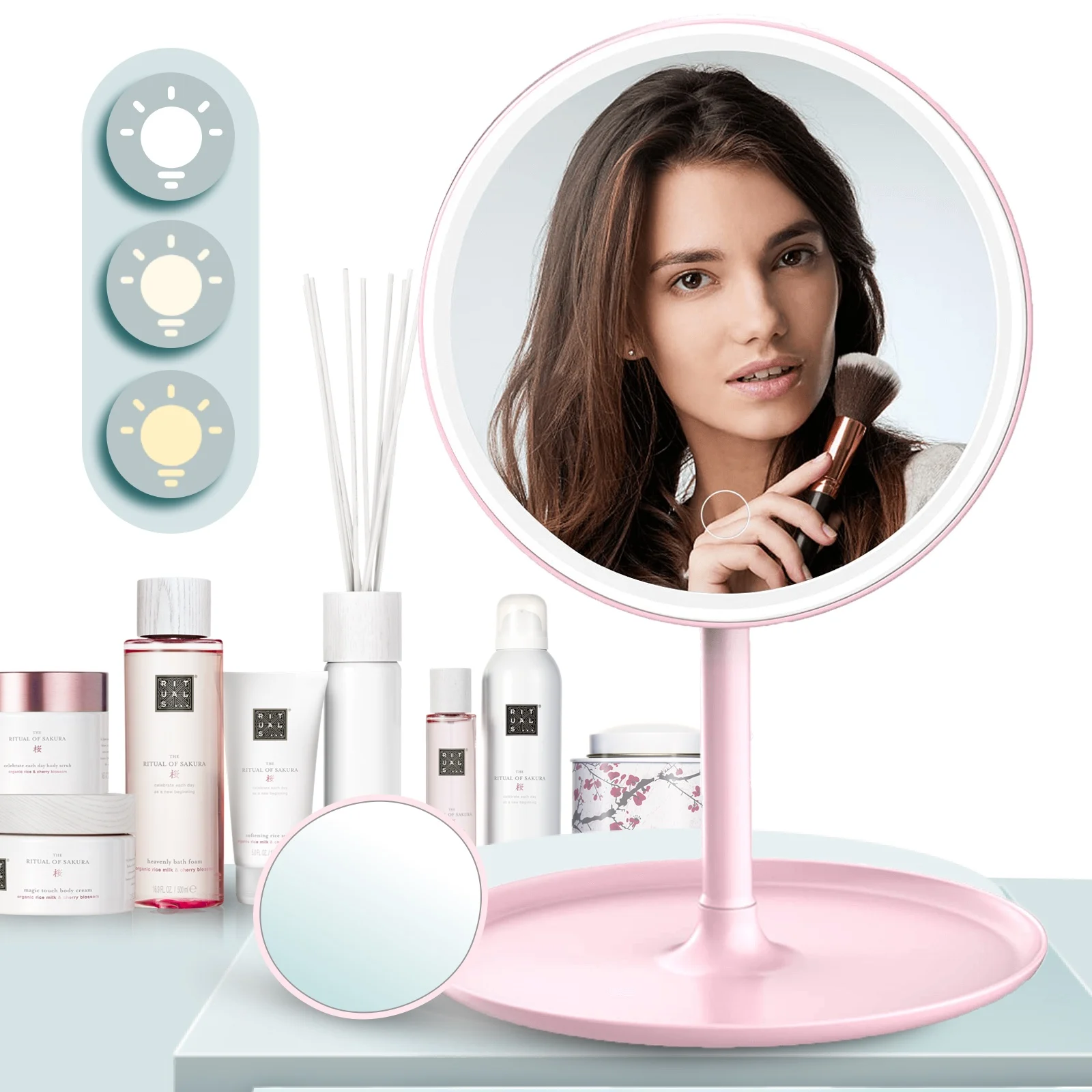 

LED Makeup Mirror With Light Lamp With Storage Desktop Rotating Cosmetic Mirror Light Adjustable Dimming USB Vanity Mirror