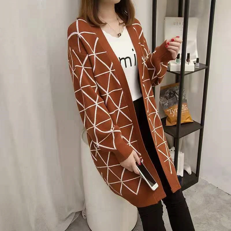 

Autumn Fashion Mid-Long Sweater Coat Female Cardigan 2020 Argyle Knit Long Cardigan Women Jacket Winter Knitwear Tops Women