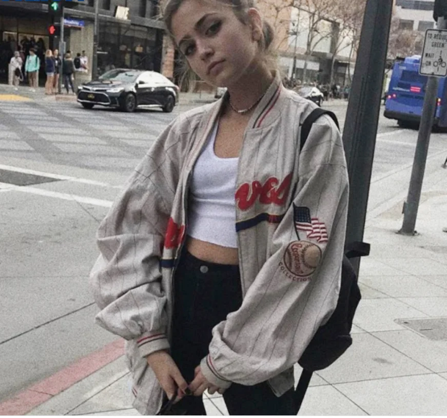 

Winter 2021 Letters Embroidery Oversize Bomber Jacket College Rock Jacket Women Patchwork Block Basic Baseball Jacket Women
