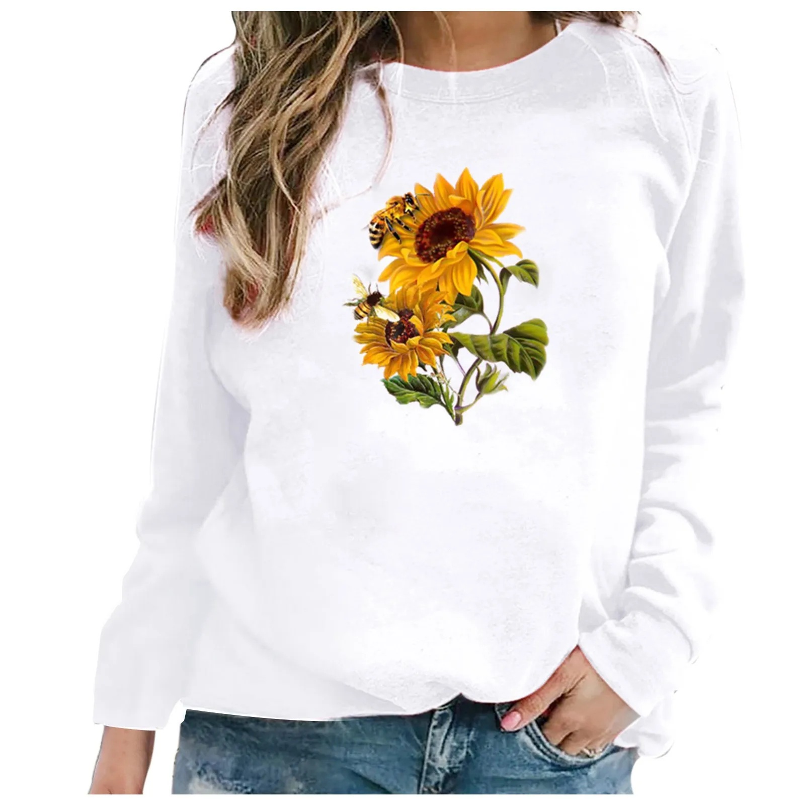 59# Autumn Winter Women Sweatershirt Flower Print Casual Printing Long Sleeve Sweatshirt Oversized Pullover Tops Blouse Femme