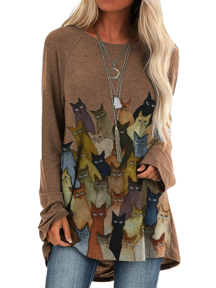 

2020 Women's Fashion Loose round Neck Digital Printing Long-Sleeved Top 8961