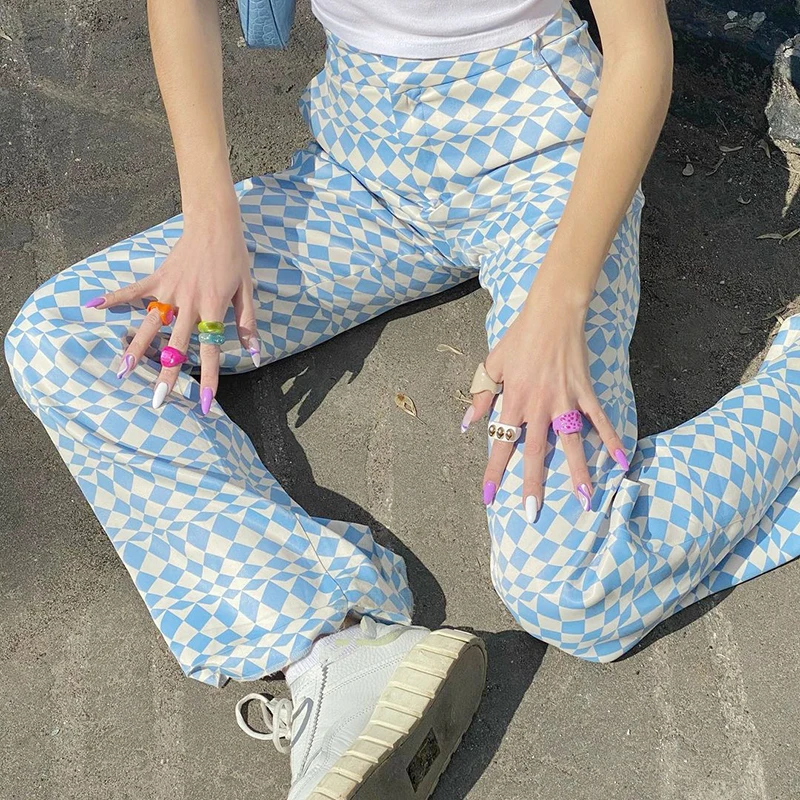 

Darlingaga Harajuku Straight Blue Plaid Pants Women Casual Baggy Long Trousers Korean Fashion High Waist Pants Pantalons Capris