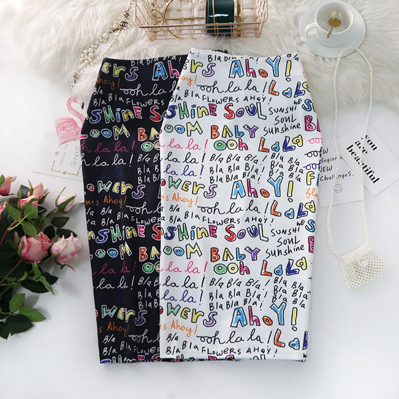 

Women's Pencil Skirts letters Printed Graphic Summer Autumn High Waist Slit Tube faldas Woman Stretch Skirt Female GD503