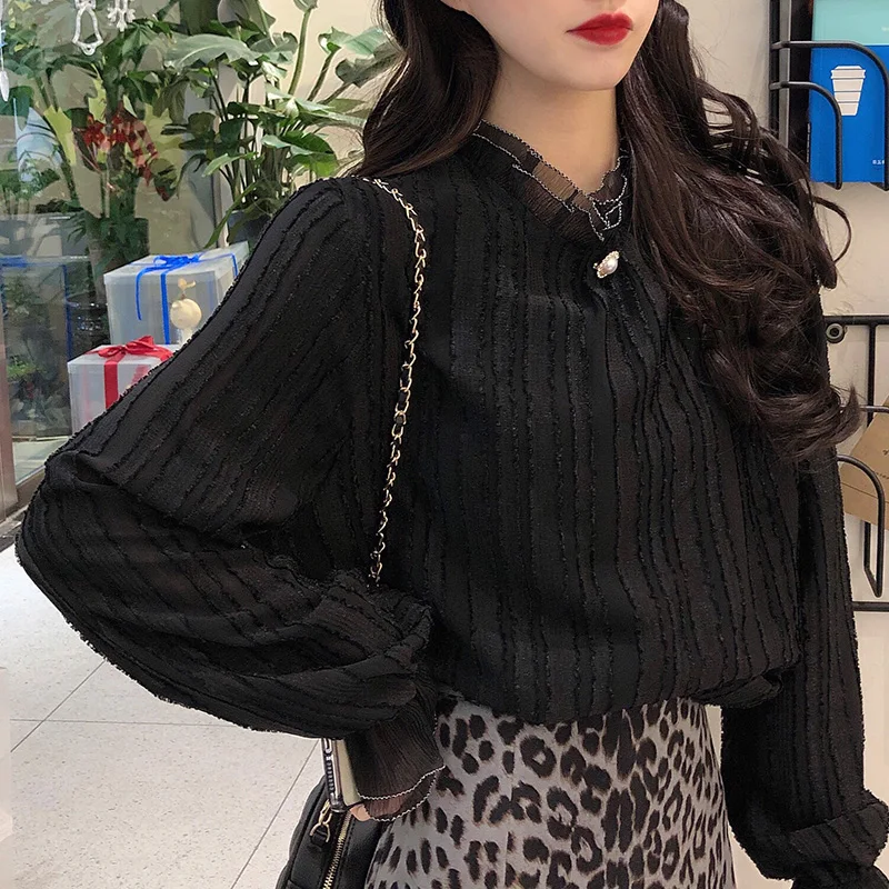

versatile big size fat sister 2020 spring new loose Chiffon fungus edge collar foreign style long sleeve shirt woman