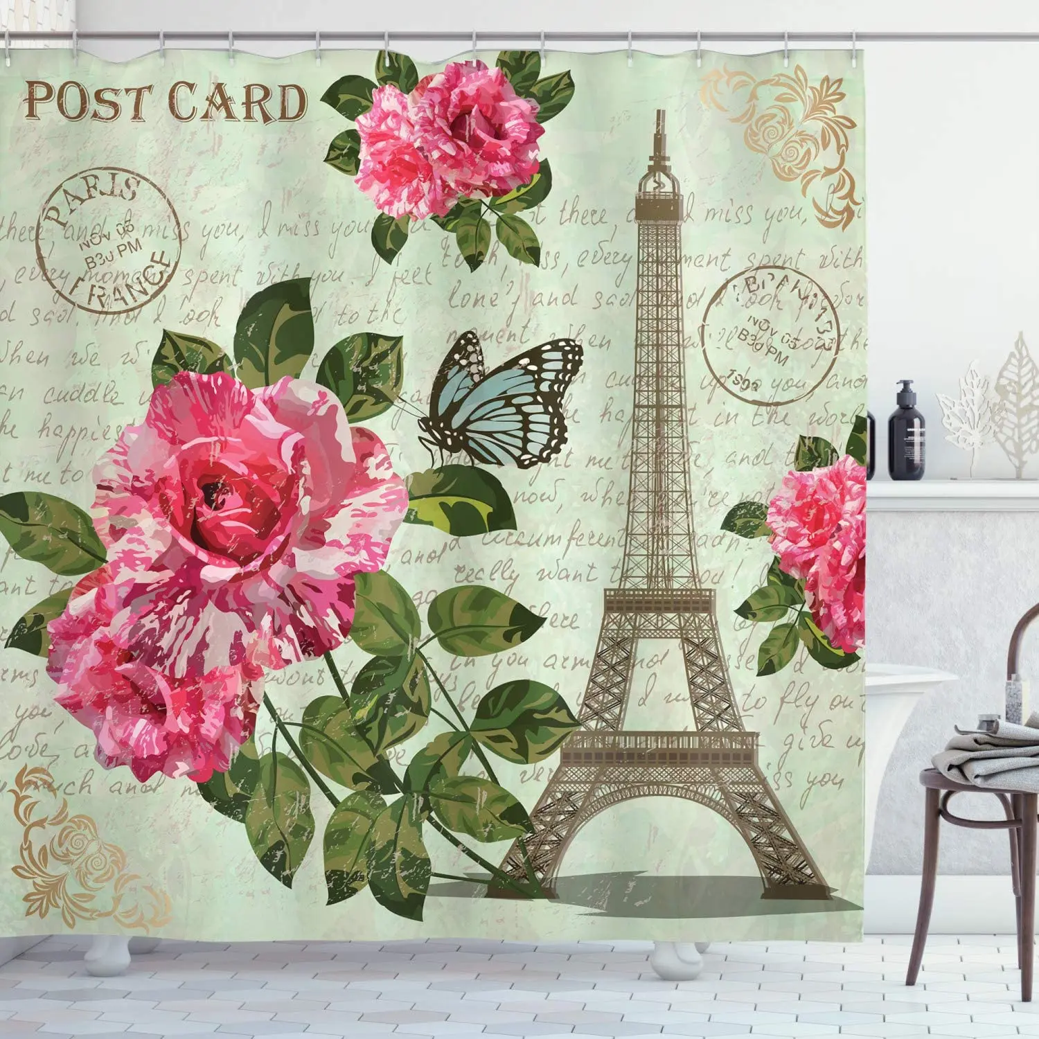 Paris Shower Curtain Shabby Chic Romantic Roses Flowers Leaves with Eiffel Tower and Abstract Lettering Fabric Bathroom Decor | Дом и сад