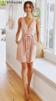 the new 2021 summer v neck sleeveless single breasted bowknot lace up dress is pure color sexy miniskirt
