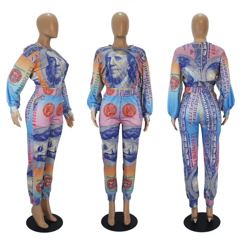 

TNNAOFF Sexy Money Print 2 Piece Tracksuits Women Set Long Sleeve Crop Top Spring Trendy Pencil Pants Lounge Wear Matching Sets