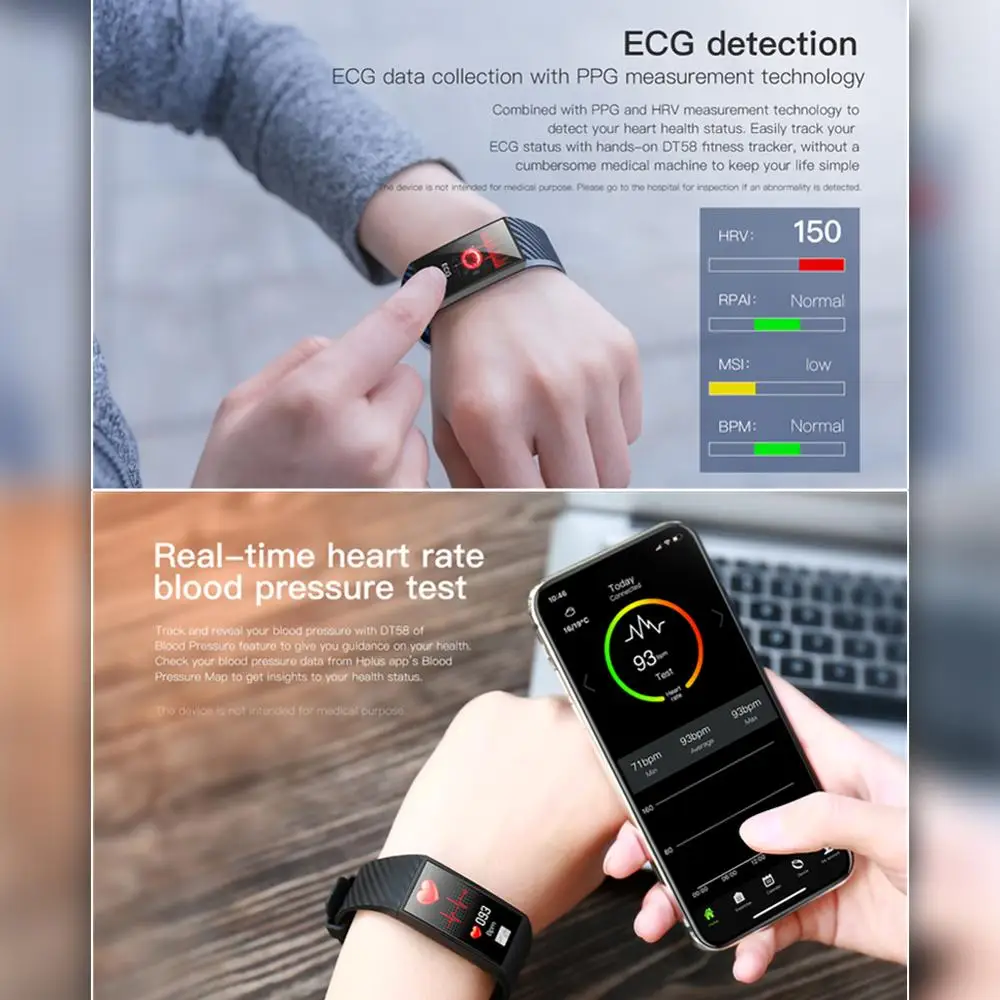 For DT58 1.14 Inch large Color screen Smart Recording Bracelet With Heart Rate ECG Blood Pressure IP68 Fitness Wrisatband | Электроника