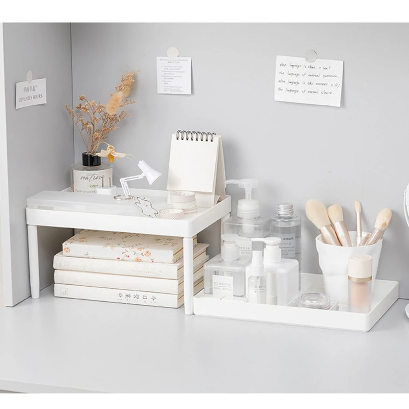 

94PF White Double-Layer Desktop Storage Rack Stackable Cabinet Shelf Organizer Cosmetic Stationery Holder Table Sundries