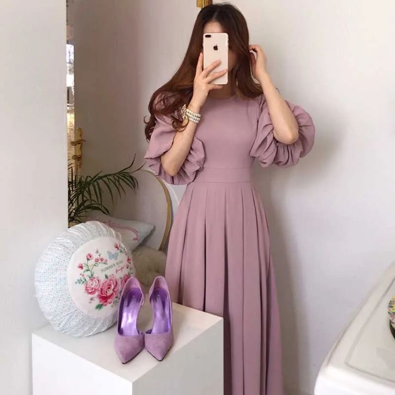 

Korean Ladies Elegant Lantern Sleeve Pleated Dress One-Piece Vintage Fashion Slim Dress 2021 New Summer Women Dress Long Dress